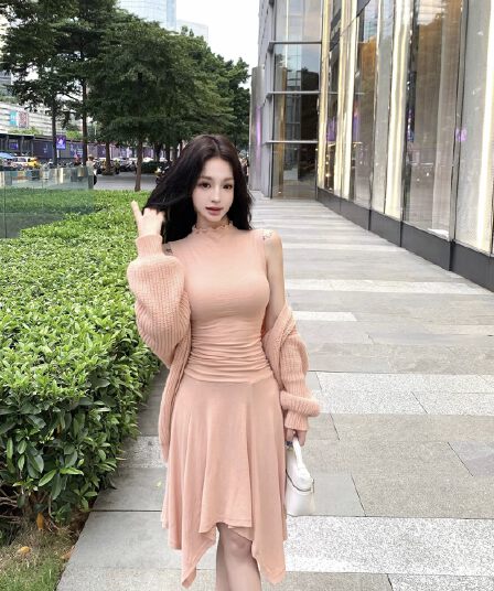 실사 정가 따뜻한 조정 시간 반하이넥 민소매 허리 수축 맨위 여성 도루 센스 하이웨이스트 반신 스커트 이른 가을 세트