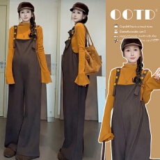 批发原创新品2025冬季针织打底+加绒<b class='q'>加厚</b>背带裤孕妇两件套套装