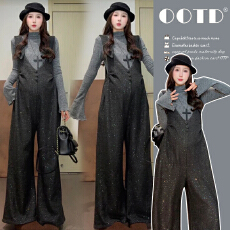 批发原创新品2025冬季针织打底+加绒<b class='q'>加厚</b>亮片背带裤孕妇两件套套装