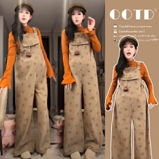 原创新品2025秋冬加绒加厚针织喇叭打底+蝴蝶背带裤孕妇两件套装