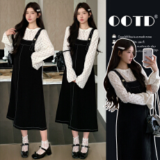 批发实拍2026春季蕾丝长袖<b class='q'>打底</b>+宽松显瘦背带裤孕妇两件套套装