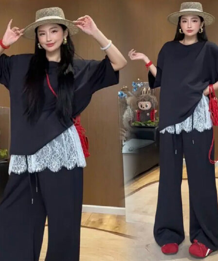 지금 2026 여름 새로운 루즈핏 반팔 t+ 디자인 센스 레이스 랩스커트팬츠 와이드 레그 팬츠 투피스 세트 세트