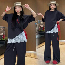 批发现~2026夏季新款宽松短袖T+设计感<b class='q'>蕾丝</b>屁帘阔腿裤两件套套装