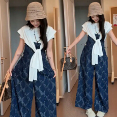 2026夏季新品短袖针织+披肩+背带裤显瘦时尚老钱提花孕妇背带套装