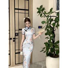 时尚气质复古印花收腰显瘦旗袍连衣裙