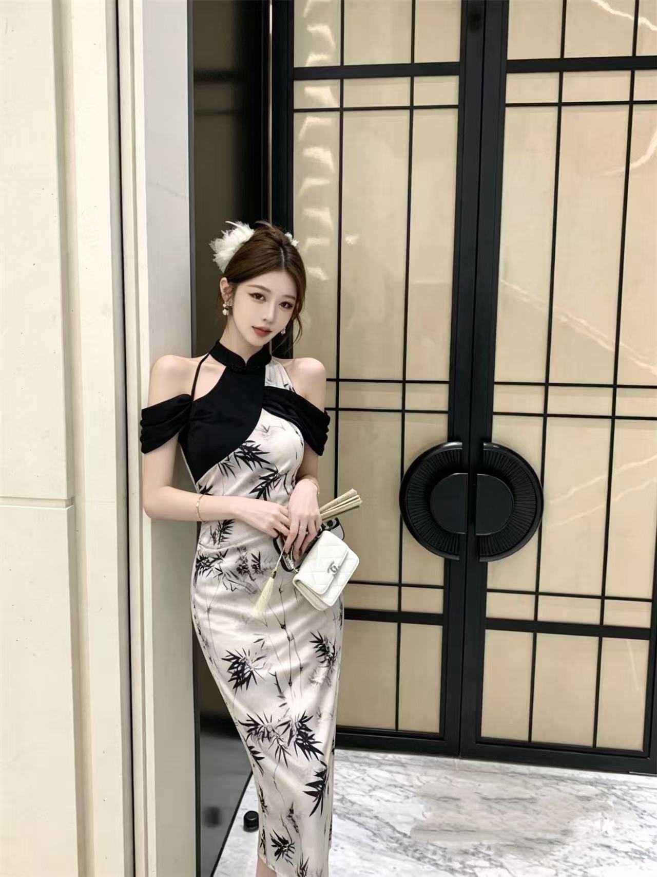 패션 레트로 개선 치파오 트임 점프 슈트 치마