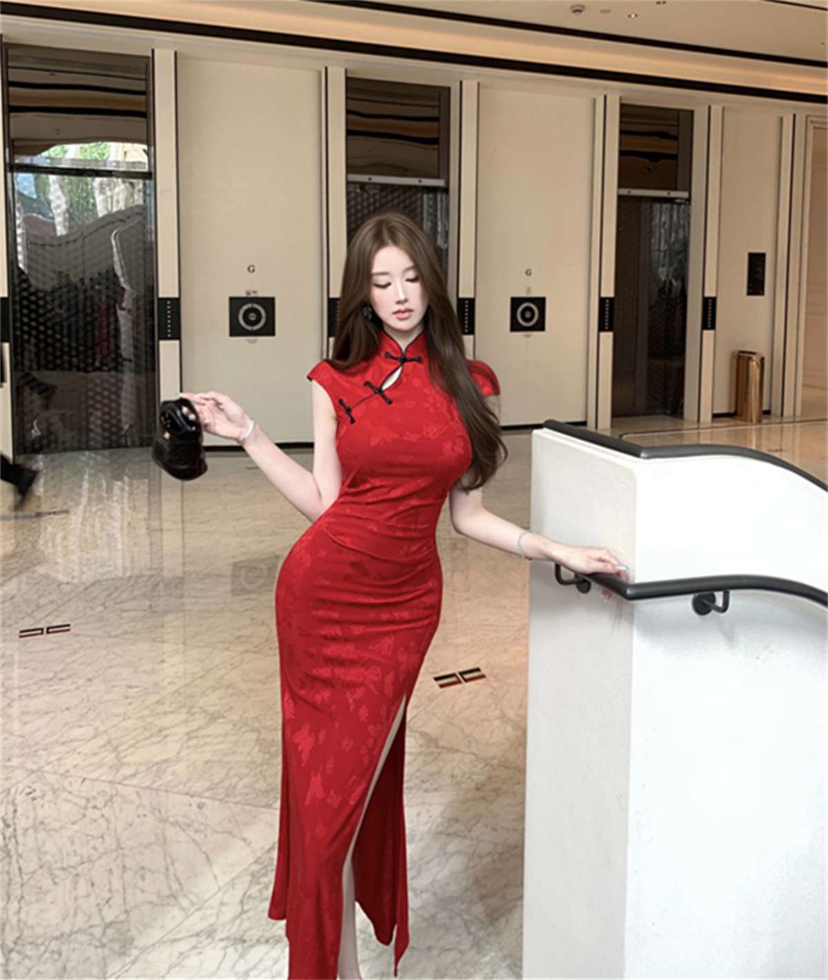 새로운 중식 자카드 원단 허리 수축 슬림해 보이는 치파오 드레스