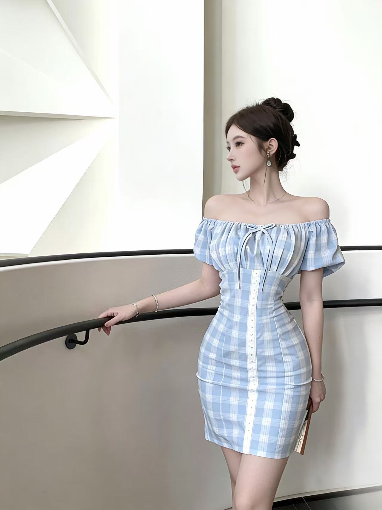 패션 달콤함 거품 소매 허리 수축 슬림해 보이는 체크무늬 드레스