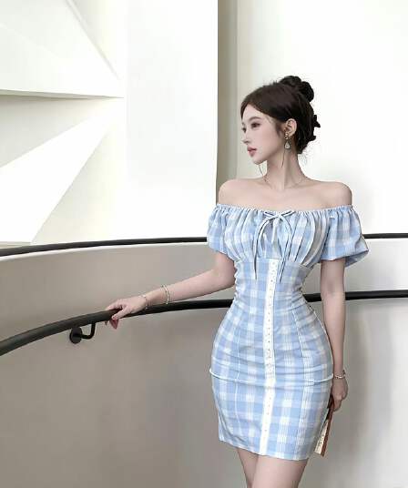 패션 달콤함 거품 소매 허리 수축 슬림해 보이는 체크무늬 드레스