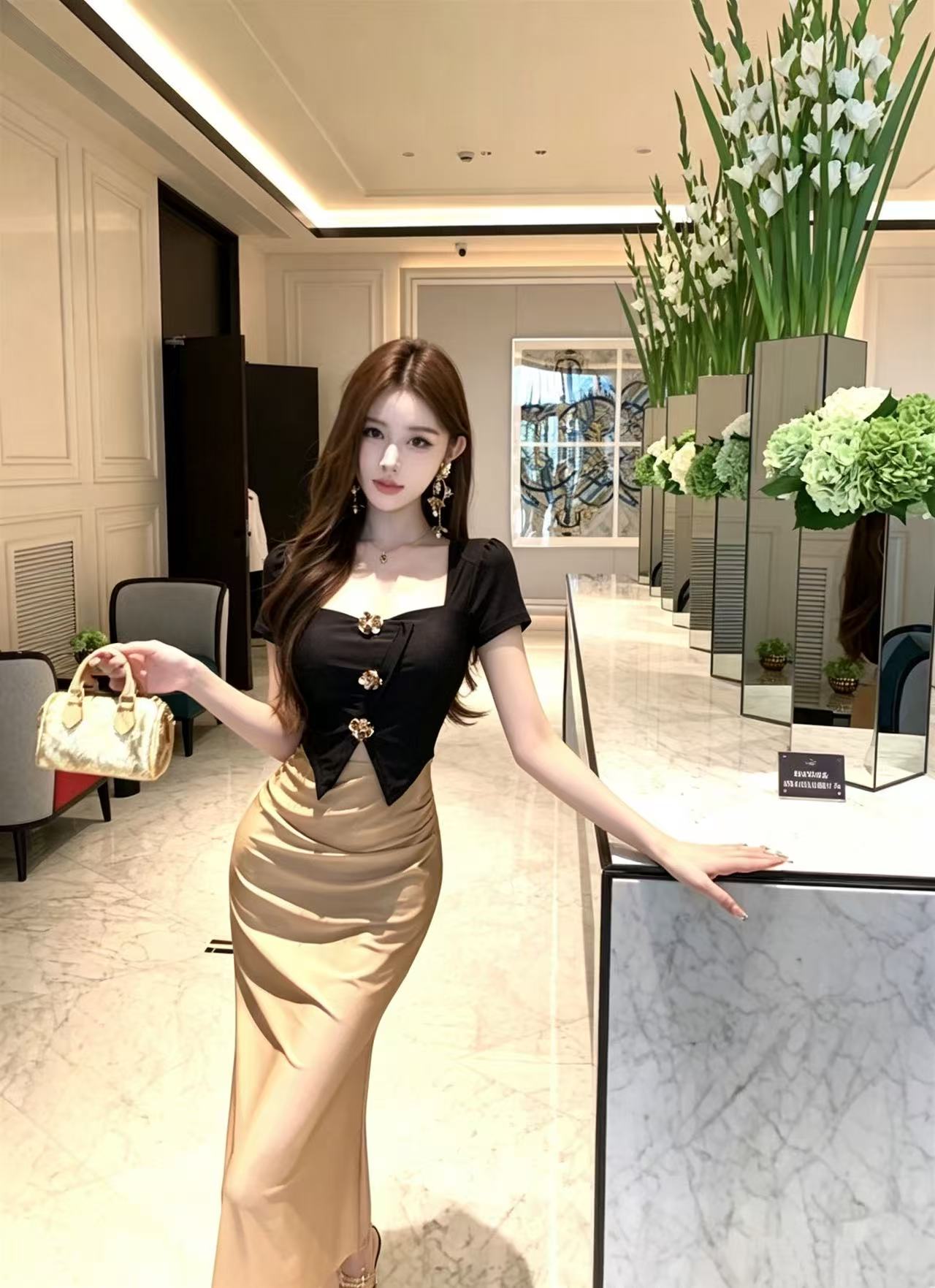 时尚立体花朵撞色拼接收腰长袖连衣裙 服裝批發女裝批發服飾貨源
