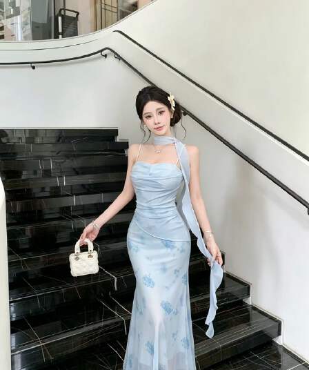 패션 헤일로 염색 망사 슬립 불규칙 드레스