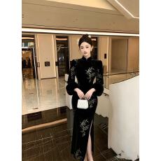 批发时尚绣花丝绒收腰显瘦泡泡七分毛毛袖旗袍<b class='q'>连衣裙</b>