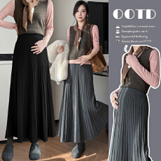 批发孕妇装针织百褶半身裙秋冬季外穿新款可调节高弹中长款A字大伞裙