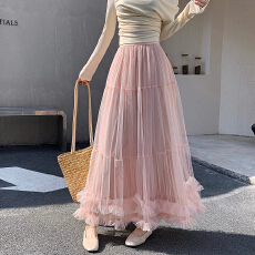 批发实拍木耳花边网纱<b class='q'>半身</b>裙女春夏季2026新款高腰显瘦垂感a字纱裙