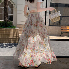 批发实拍法式度假风重工立体花荷叶边网纱半身裙蓬蓬裙不规则碎花长裙