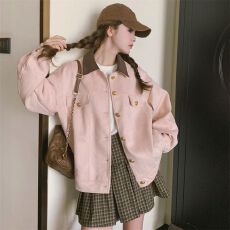 批发粉色麂皮绒工装外套女春秋2025新款<b class='q'>甜美</b>小个子学院风休闲夹克上衣