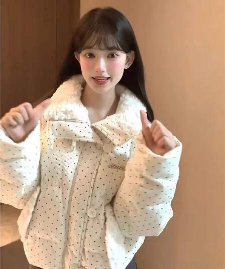 코듀로이 도트 무늬 다운 재킷 여성 2025 겨울 새로운 두꺼운 루즈핏 모피 칼라 패딩 재킷 쇼트 스타일 재킷 맨위