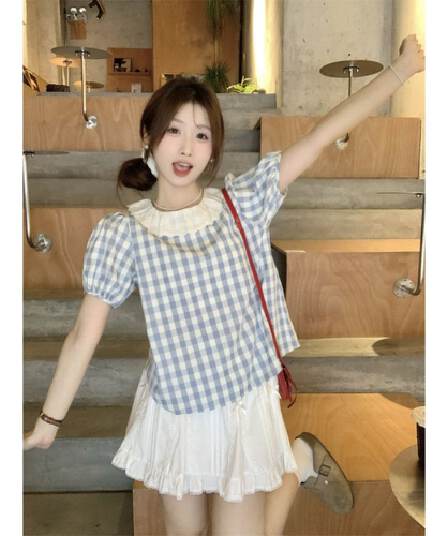 2026 년 새로운 패션 외국 가스 전후 둘 착용 레이스 레이스 칼라 체크무늬 반팔 셔츠 작은 청신 맨위 여성