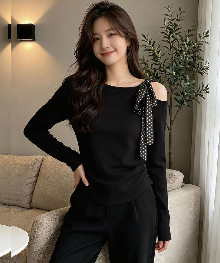이른 가을 검정색 스트랩 오프숄더 긴팔 맨위 빅 사이즈 여성 의류 몸매 가꾸기 허리 수축 인사이드 가져 가라. 아름다운 기본 셔츠 수 있습니다. 싱글 착용
