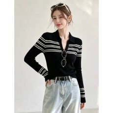批发黑色高级感撞色条纹半开领针织衫女秋季新款气质百搭显瘦<b class='q'>打底</b>衫潮