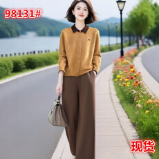 批发2025秋季洋气时尚翻领针织衫搭直筒裤两件套装