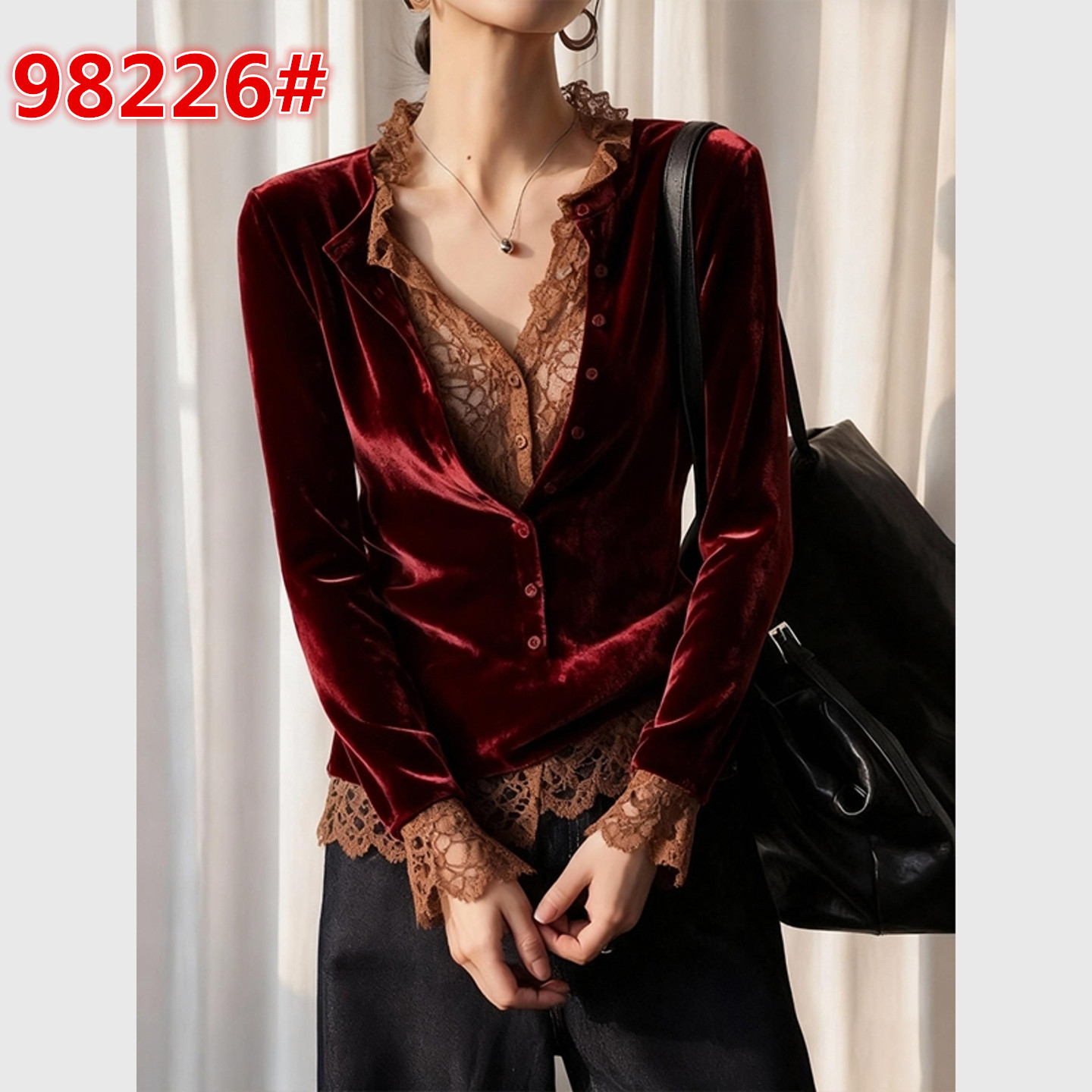 MY16111#超火减龄酒红色撞色蕾丝拼接丝绒衬衫女秋假两件气质内搭上衣女裝貨源服裝批發