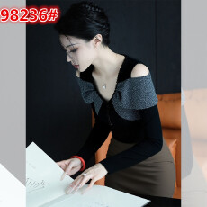 批发巨好看的设计感上衣轻熟小众不撞款高级感黑色烫钻拼接<b class='q'>露肩</b><b class='q'>T</b><b class='q'>恤</b>冬