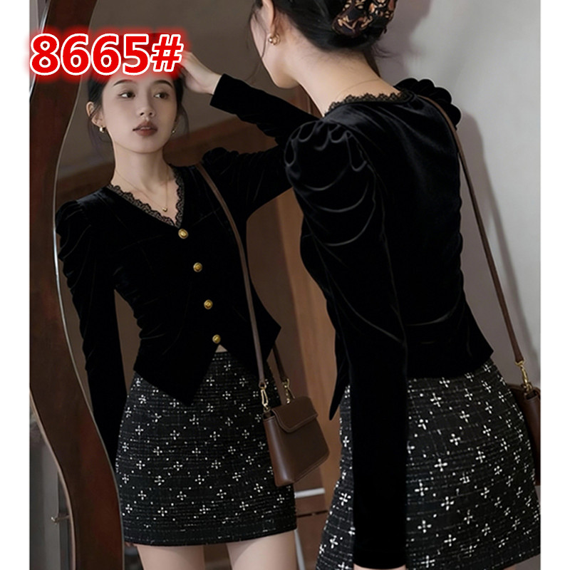 MY16109#巨好看v领丝绒打底衬衫女士高级设计感修身黑色长袖短款上衣女裝貨源服裝批發