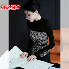 批发黑色拼接重工小个子长袖<b class='q'>T</b><b class='q'>恤</b>女秋冬内搭可外穿打底衫短款修身上衣