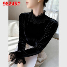 批发新中式国风黑色蕾丝拼接立领丝绒衬衫高级感轻奢叠穿内搭上衣秋冬