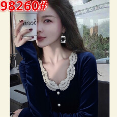 批发2025冬季<b class='q'>新款</b>独特别致超好看上衣韩系气质慵懒宝蓝色丝绒拼接<b class='q'>衬衫</b>