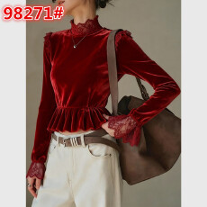 批发新中式女装红色立领拼接蕾丝丝绒小衫25年冬内搭上衣高级感可外穿