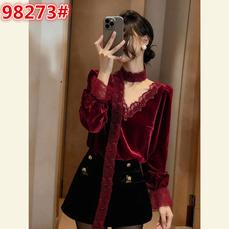 MY16114#法式独特精致上衣高级感轻奢减龄小香风圣诞红色丝绒衬衫女女裝貨源服裝批發