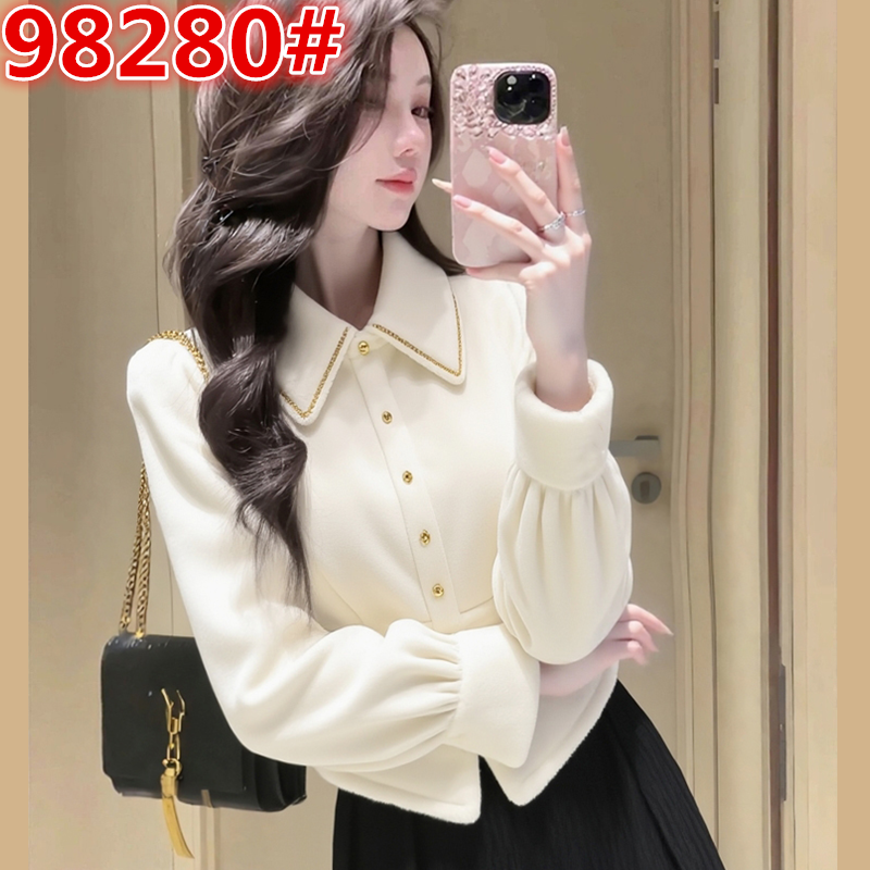 MY16113#法式时尚洋气减龄设计感通勤内搭上衣高级感气质白色丝绒衬衫女冬女裝貨源服裝批發