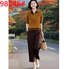 批发2026新款百搭时尚翻领短袖针织衫+休闲裤两件套春