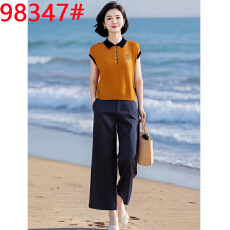 批发绣花针织小衫+半松紧腰直筒裤两件套春季