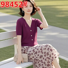 批发2026国风女装感气质v领短袖针织上衣印花雪纺<b class='q'>半身裙</b>套装