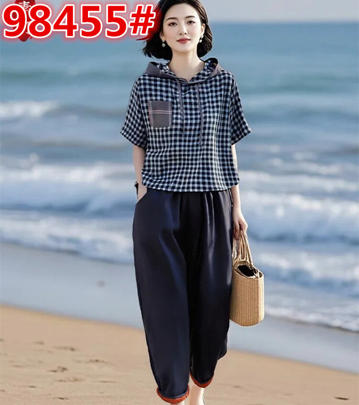 2026 마 오래된 면 소재 체크무늬 밑단 펌프 로프 맨위 허리밴드 루즈핏 주간 실크 코튼 무 바지 세트