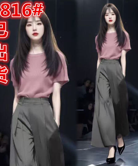 패션 세트 여성 2025 여름 새로운 세련된 외국 가스 반팔 티셔츠 하이웨이스트 와이드 레그 팬츠 품격 투피스 세트 트렌디