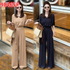 批发高级感时尚套装女士<b class='q'>春</b>季新款宽松显瘦V领T恤高腰阔腿裤时髦两件套