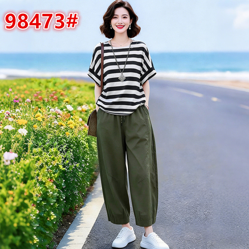패션 스트라이프 배트윙 소매 맨위 허리밴드 배기 바지 세트 봄