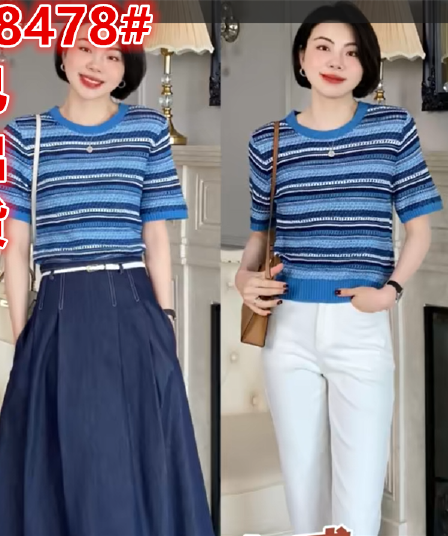 다홍 홍 짜임 시간 여름 라운드 넥 부드러운 찹쌀 프로 피부 스트라이프 반팔 니트 스웨터 여성 차가운 얇은 스타일 맨위