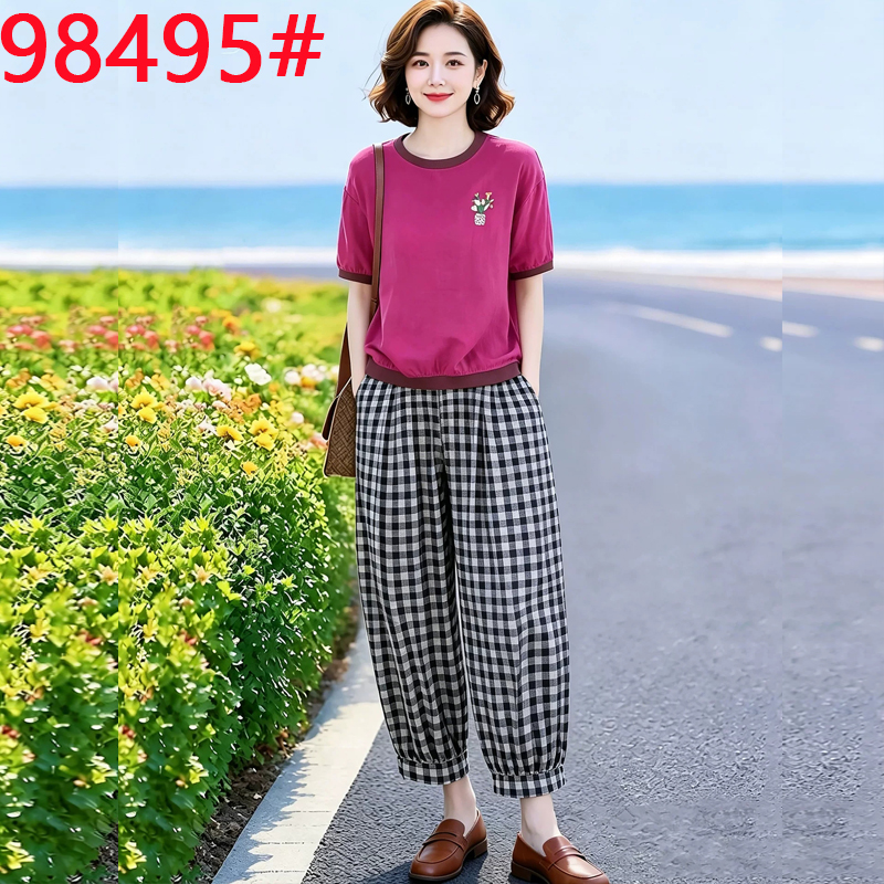 문예 자수 맨위 허리밴드 체크무늬 무 바지 세트 여름