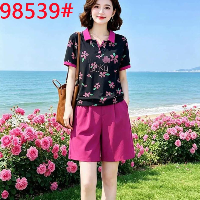 프린트 폴로 칼라 티셔츠 하프 허리밴드 5 점 반바지 세트