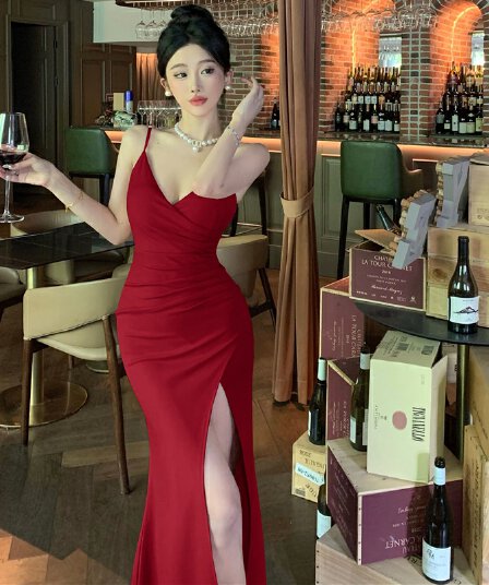 실사 섹시함 빛 럭셔리 고급 센스 슬립 트임 롱 코트 인어 꼬리 진자 예복 치마 로얄 자매 품격 드레스
