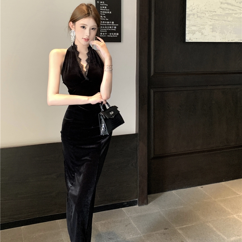 실사 품격 이슬 뒤에 트임 V넥 속눈썹 레이스 행침 목 중간 길이 드레스 고급 센스 예복 치마