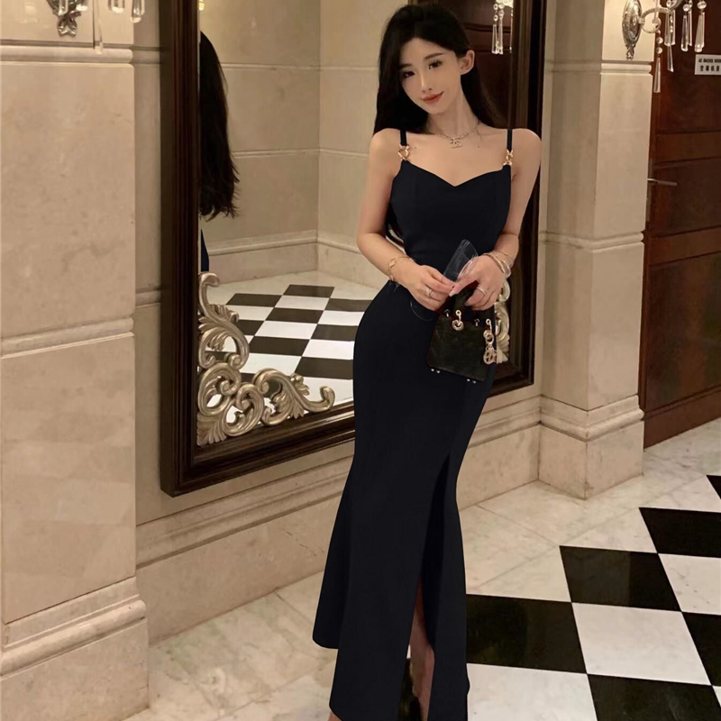 실사 레트로 고급 센스 슬림해 보이는 슬립 트임 하이웨이스트 중간 길이 드레스 로얄 자매 바람 작은 섹시함 치마