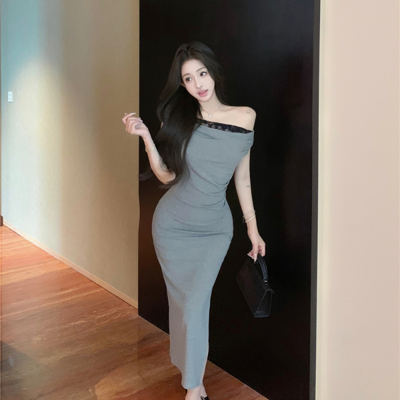 실사 순수한 욕망 섹시함 레이스 조각 트임 드레스 오프숄더 비스듬한 어깨 다양한 착용 법 타이트 스커트