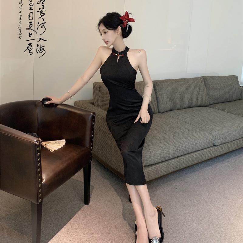 실사 새로운 중식 검정색 행침 목 드레스 일상 웨어러블 개선 자카드 치파오 섹시함 백리스 작은 드레스