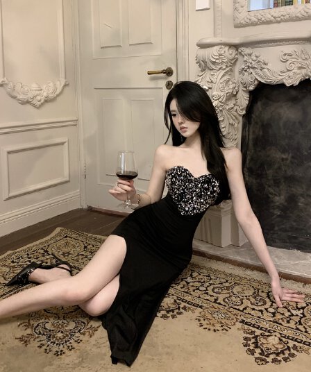 실사 순수한 욕망 바람 핫걸 섹시함 스팽글 튜브탑 작은 드레스 치마 불규칙 허리 수축 슬림해 보이는 드레스